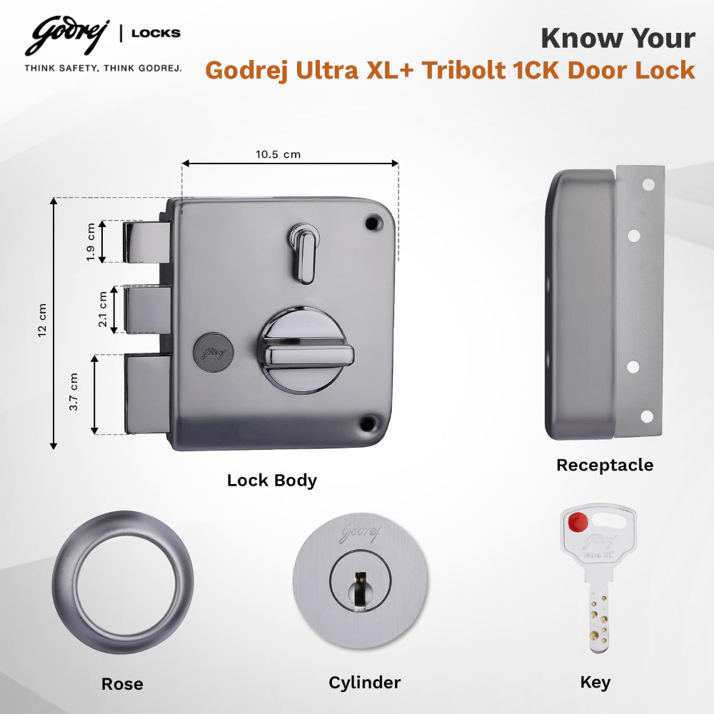 Godrej Rim Lock I Tribolt Ultra XL Plus l 1CK Deadbolt I for Inside Opening Wooden Door | Left Right Handed Doors I 4 Keys I 5 Year Warranty I Manual Locking l Matte Black Nickel Finish